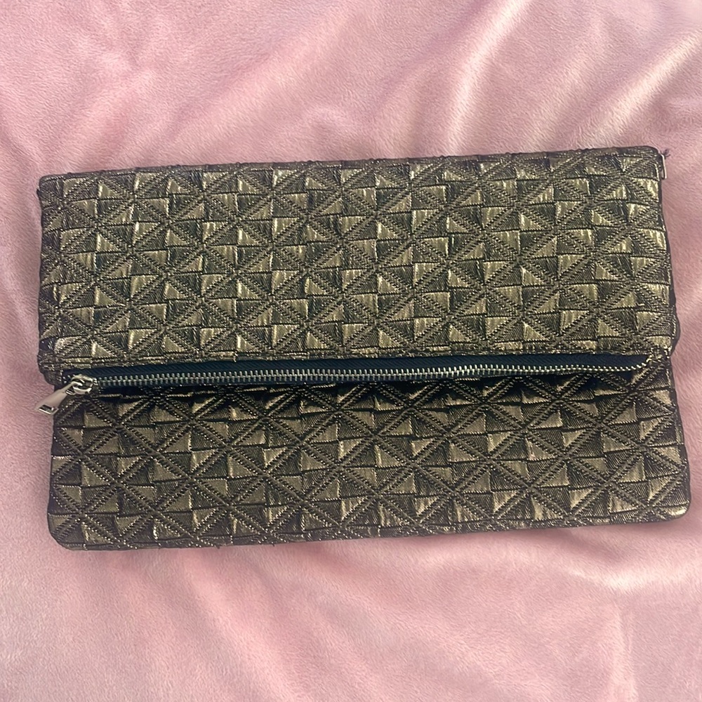 La Regale Metallic Geo Fold-Over Clutch, Bronze & Black